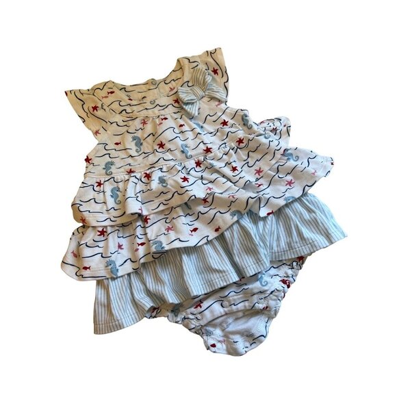Janie and Jack Beach Seahorse Starfish Romper Baby Girl 3-6 MOS Nautical - Picture 1 of 5